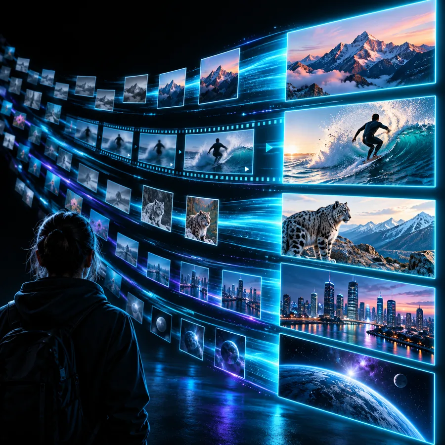 Schnelle multimodale Generierung, dargestellt durch Bild- und Videoframes, die sich durch cyanfarbenes Licht bewegen