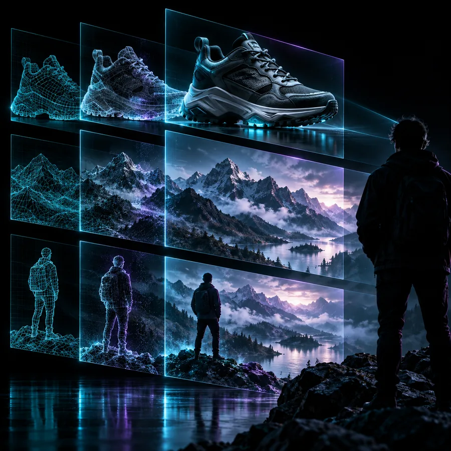 Generiertes Visual, das in ausgerichteten Stufen in einem dunklen Studio verfeinert wird