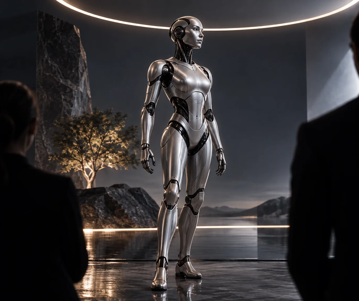 Futuristischer humanoider Roboter aus Silber in einer dramatischen Studioszene, polierte filmische Darstellung