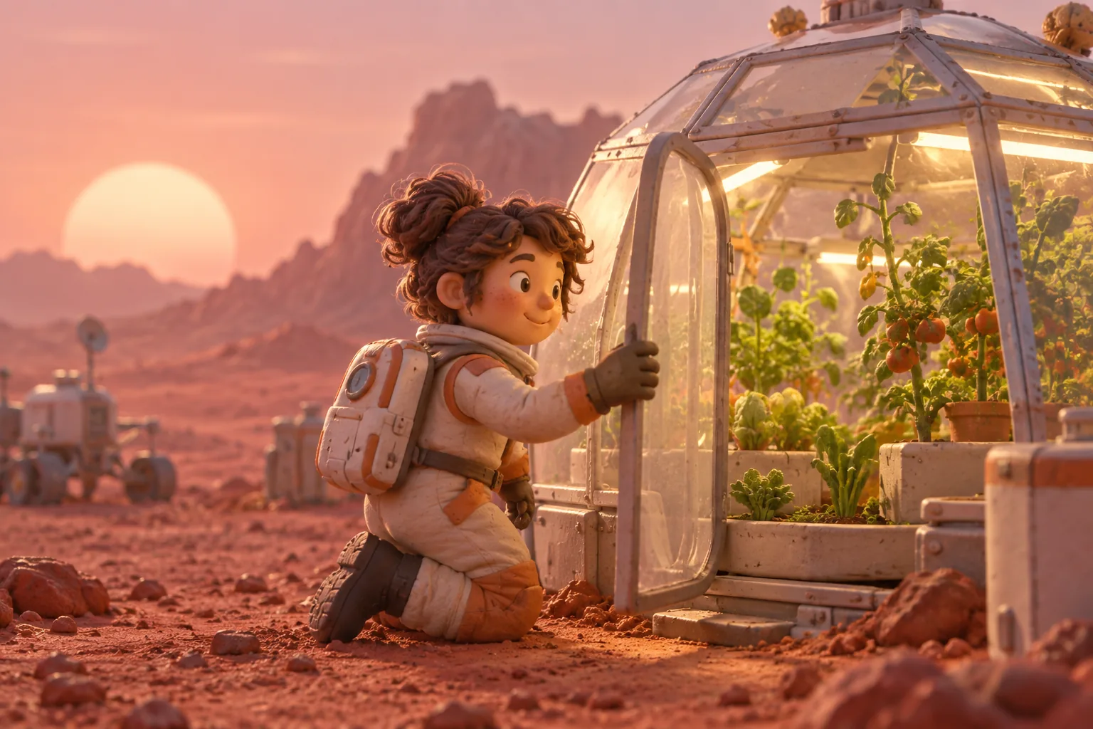 Verspielte Tonfigur, die ein winziges Gewächshaus auf dem Mars öffnet, sanft beleuchtet mit Pastellfarben