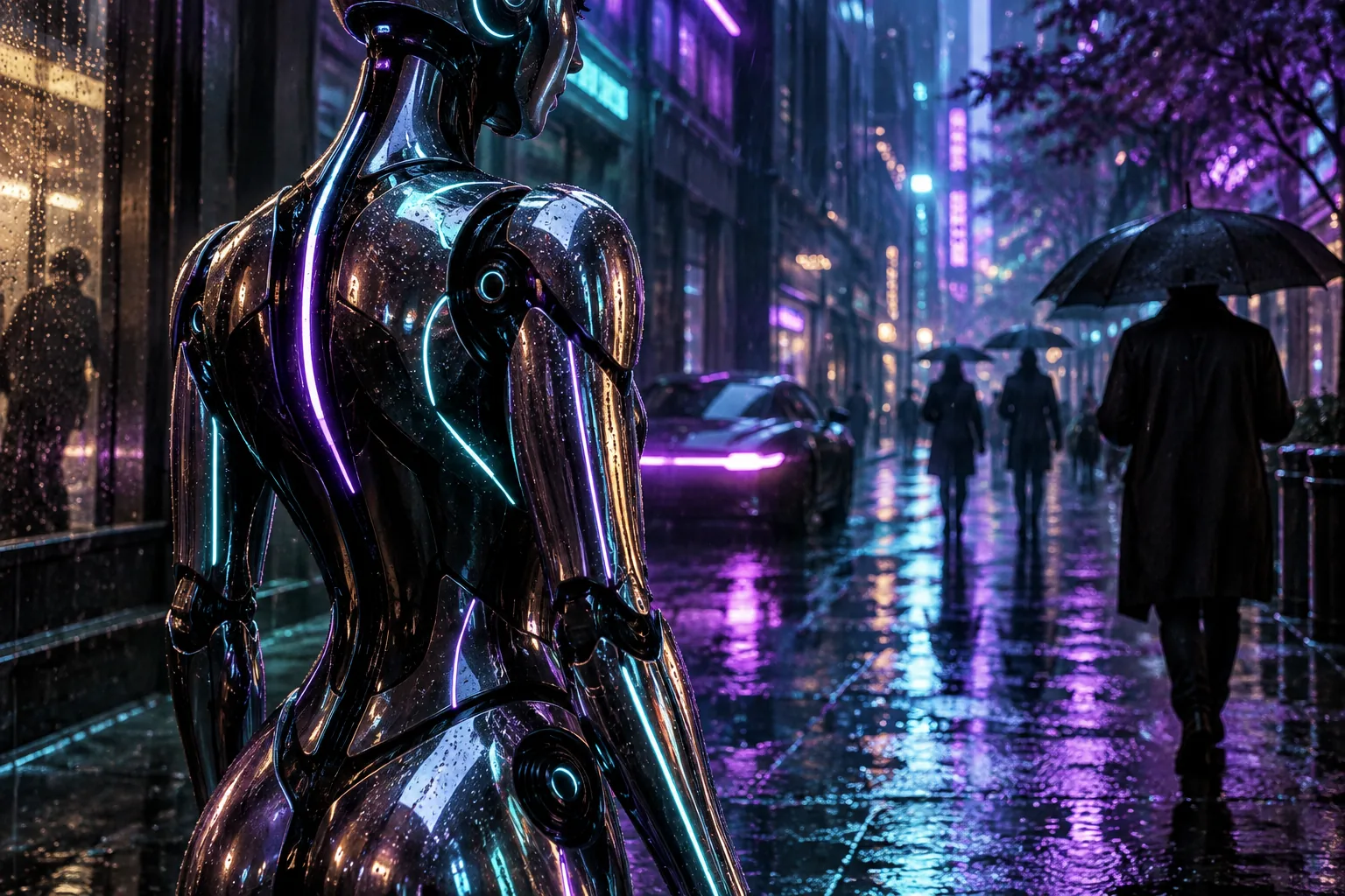 Chrome-Android in regenbeleuchteten Neonstraßen, filmische Nahaufnahme mit türkisfarbenem und violettem Licht
