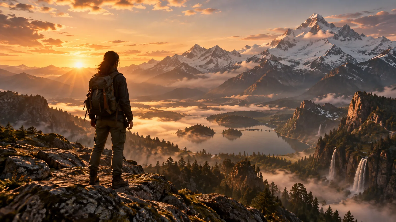 Weite filmische Fantasy-Landschaft mit einer einsamen Figur, die unter warmem atmosphärischem Licht auf Berge blickt